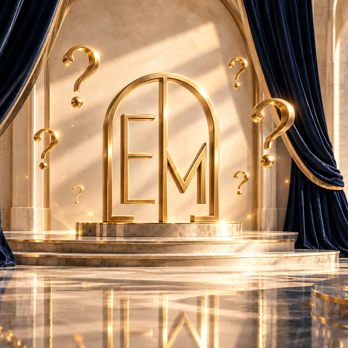 Elite Maison emblem revealed between navy curtains, surrounded by floating question marks.